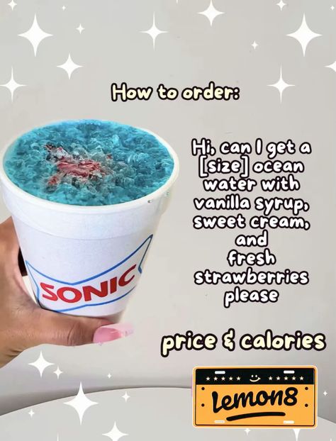 Quench your thirst this summer with Sonic's Shark Bite! & 💕This delicious drink is a perfect blend of ocean water, vanilla syrup, Ocean Water Sonic Recipe, Ocean Water Drink, Soda Drinks Recipes, Sonic Drinks, Fun Drink Recipe, Cold Starbucks Drinks, Fun Summer Drinks, Summer Sonic, Perfect Summer Drink