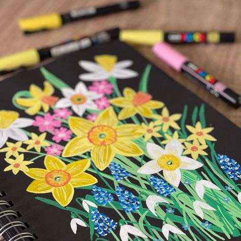 Spring flowers 🌼🌷🌸 #posca #poscapens #sketchbook #sketchbookart #springflowers #floralart #botanicalillustration #botanicalart #handdrawnart #originalart Posca Pen Flowers, Posca Flowers, Posca Pens, Gouache Art, Hand Art Drawing, Pen Art, Paint Pens, Botanical Illustration, Botanical Art