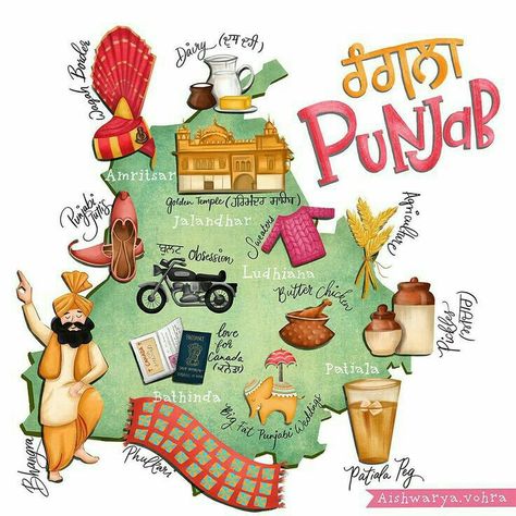 Poo 👑 Punjabi Sabhyachar Poster, Punjabi Project File, Punjabi Culture Drawing, Vriddhi Patwa, Indian Illustration Culture, Punjab Map Logo, India Map Illustration, Punjab Illustration, Punjabi Culture Art