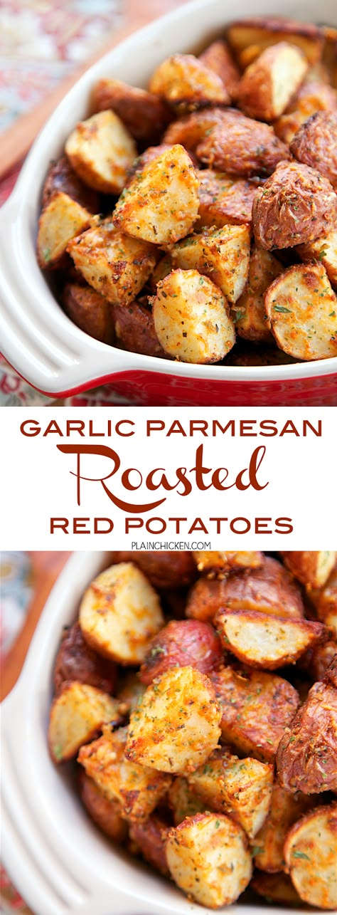 Garlic Parmesan Roasted Red Potatoes - red potatoes tossed in garlic, onion, paprika, Italian seasoning and parmesan cheese - SO delicious! A super quick and easy side dish. Ready for the oven in minutes! Great with burgers, chicken, steak and pork. The whole family loves these yummy potatoes! Parmesan Roasted Red Potatoes, Comfort Baking, Baked Red Potatoes, Yummy Potatoes, Rib Dinner, Easter Bonnets, Roasted Red Potatoes, Chicken Steak, Cheese Burger