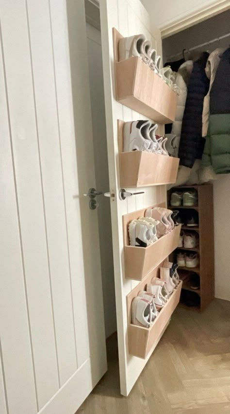 Introducing our new design, top quality hardwood, wall mounted shoe racks. Perfect space saving storage for all of your shoes. This is the new and improved version of our wall mounted shoe racks. They are still lightweight and easily fitted but they have the added advantage of a fully enclosed back so that the soles of the shoes don't mark the wall behind, they are made from top quality hardwood and can be left as they are or can easily be painte Front Door Closet, Farmhouse Mud Room, Small Coat Closet, Wall Shoe Storage, Mounted Shoe Rack, Shoe Rack Door, Diy Walk In Closet, Shoe Organization Diy, Wall Mounted Shoe Storage