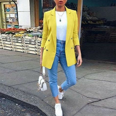 d961e9f236177d65d21100592edb0769desc48264946ri Trendy Office Outfits, Slim Fit Coat, Cardigan Blazer, Yellow Blazer, Blazer Outfit, Casual Office, Casual Blazer, Office Casual, Casual Coat