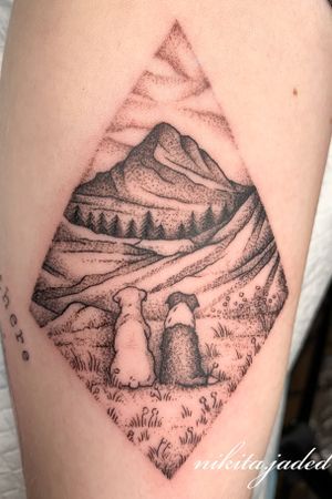 Tattoo uploaded by Nikita Jade Morgan • Dog tribute in a #dotwork #mountain #landscape on the inner arm Dog Tribute Tattoo, Tribute Tattoo, Dog Mountain, Lucky Tattoo, Tribute Tattoos, Arm Band Tattoo, Shoulder Tattoos For Women, Mountain Tattoo, Book Tattoo