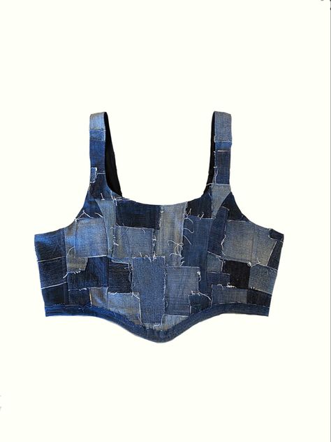 Denim patchwork corset top Patchwork Top Diy, Denim Patchwork Top, Patchwork Corset, Textiles Gcse, Handmade Corset, Custom Jean, Reworked Denim, Denim Corset Top, Camo Jeans