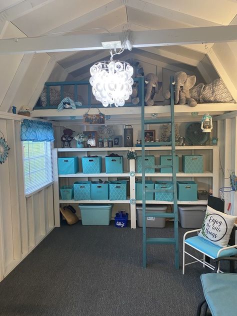 She Shed Hobby Room, She Shed And Storage Ideas, Cool Shed Ideas Interior, Inside She Sheds Interiors, She Shed Homeschool Room, Tuff Shed Bedroom Ideas, School Shed Ideas, She Shed With Loft Ideas, Storage Shed Office Ideas