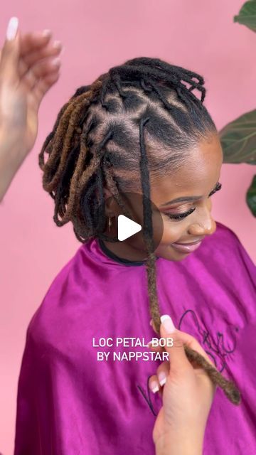 Annette Roche on Instagram: "Very Cute Very Simple Loc Petal Bob ✨🤩 book your appointment now www.NappStar.com #locs #locstylesforwomen" Petal Dreads Hairstyle, Loc Petal Bob, Pedal Bun Loc Styles, Locs Petals Styles, Quick Loc Styles, Loc Petal Styles, Long Locs Hairstyles For Women, Loc Knot Bob, Barrel Loc Styles Women