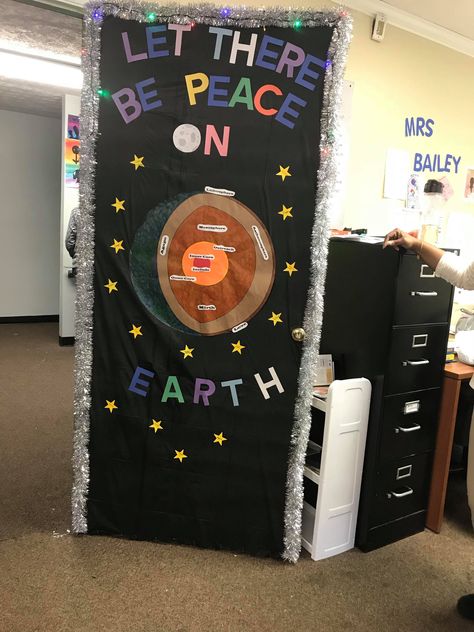 My door the decorating contest. I teach science. #earthpeacelove Science Door Decorations Christmas, Science Fall Door Decorations Classroom, Classroom Door Ideas Science, Christmas Science Door Decorations, Science Theme Christmas Door, Chemistry Christmas Door Decorations, Science Christmas Door Decorations, Teacher Appreciation Table, Science Door Decorations