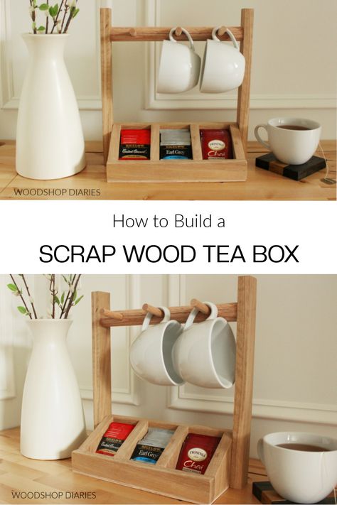 DIY Tea Storage Box with Mug Holder Wood Tea Organizer, Diy Tea Box Storage, Mug Holder Ideas Diy, Wood Mug Holder, Wooden Tea Box Diy, Wooden Mug Holder, Wooden Tea Box Ideas, Diy Tea Tray, Diy Tea Holder