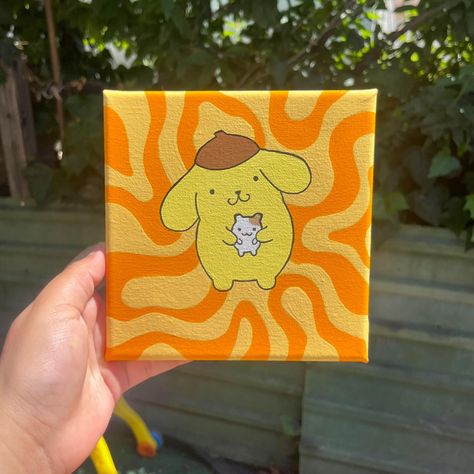 pompompurin ✨ - $20 + free shipping - 6x6 stretched canvas - sealed with varnish for extra protection! this piece will be available to buy on my etsy this coming monday but feel free to message me if interested to purchase 💘 - #art #artist #paint #painting #canvas #stretchedcanvas #smallbusiness #sanrio #sanrioart #pompompurin #explorepage Canvas Painting 6x6, 6 By 6 Canvas Painting, Square Canvas Art Ideas, Painting Ideas On Canvas Sanrio, Pompompurin Painting, Sanrio Painting Ideas, Paintings For Him, Sanrio Painting, Mini Tela