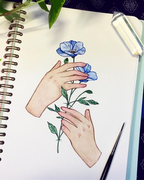 A blue anemone flower and some gentle hands✨ painting hands is so fun, I'm kinda thinking about if i should make a zine dedicated to hands~ Blue Anemone Flower, Painting Hands, Blue Anemone, Anemone Flower, Arte Sketchbook, Pencil Art Drawings, Marker Art, Diy Art Painting, Art Journal Inspiration