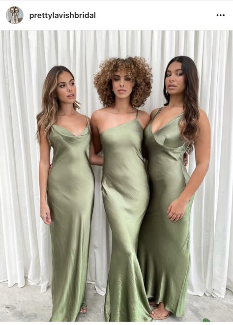 Laurel Green Dress, Prom Satin Dress, Cowl Dresses, Satin Dress Wedding, Bridesmaid Dress Sage, Sage Green Wedding Theme, Prom Dress Satin, Bridesmaids Outfits, Bride Team