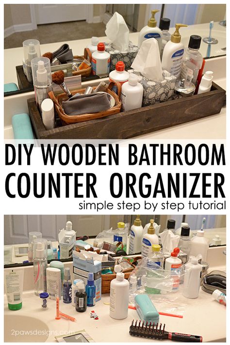 Contain those toiletries and keep your bathroom countertop neat and tidy with this simple DIY Wooden Organizer. Tutorial contains step by step directions with photos and a video! Build your own this weekend. Diy Wooden Organizer, Diy Bathroom Counter Organizer, Storage Ideas For Small Bathrooms, Bathroom Countertop Organization, Ideas For Bathrooms, Diy Wooden Shelves, Bathroom Counter Organizer, Wooden Bathroom Shelves, Clever Bathroom Storage