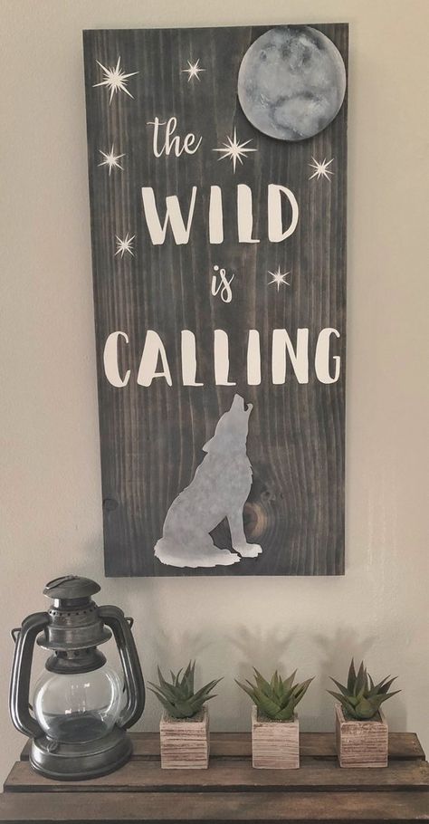 Wolf Nursery, Camping Nursery, Wolf And Moon, Wolf Decor, Woodland Nursery Boy, Deer Signs, Special Walnut Stain, Nursery Woodland, Moon Nursery