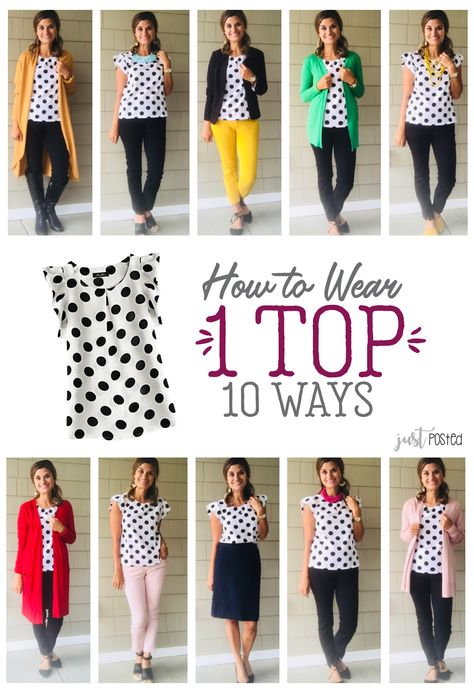 How to wear 1 top 10 ways! This adorable black and white polka dot top can be worn and styled in so many ways and it is under $10! This is the perfect top to pick up for fall! Polka Dot Top Outfit, Teaching Outfits, Top Outfit, Spring Outfits Women, Business Casual Outfits, Mode Inspiration, Fashion Help, Work Fashion, White Polka Dot