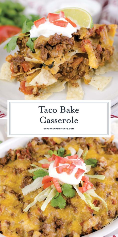 This easy taco bake casserole recipe is a great cheesy recipe for an weeknight meal or potluck. Easily customizable with your favorite taco toppings. Asian Lasagna, Easy Taco Bake Casserole, Taco Bake Casserole, Easy Taco Bake, Oven Casserole Recipes, Taco Casserole Bake, Lasagna Bake, Baked Tacos Recipe, Taco Toppings