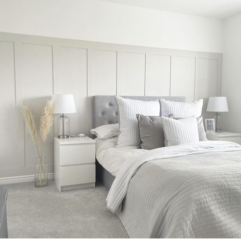 Grey Bed And Panelling, Behind The Bed Panelling, Bedroom Ideas Grey Headboard, Grey And Cream Bedroom Ideas, Gray Carpet Bedroom Ideas, Cotswold Bedroom, Tranquil Decor, Light Grey Bedroom, Small Double Bedroom