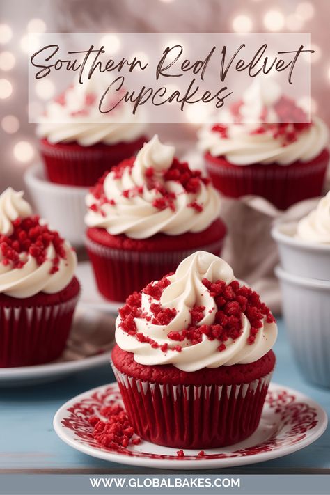 Southern Red Velvet Cupcakes Southern Red Velvet Cake Recipe, Red Velvet Cheesecake Cupcakes, Southern Red Velvet Cake, Red Velvet Cupcakes Recipe, Red Velvet Whoopie Pies, Red Velvet Pancakes, Red Cupcakes, Red Velvet Cake Recipe, Velvet Cake Recipes