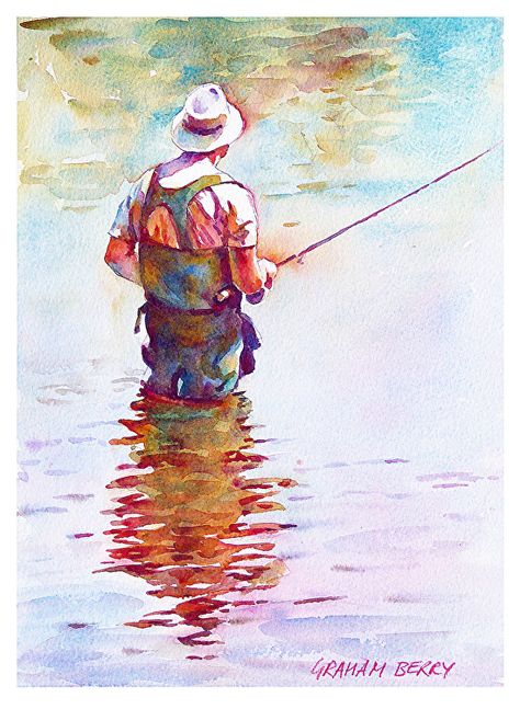 Angler by Graham Berry Watercolor ~ 11" x 8" Watercolors Ideas, Berry Watercolor, Trout Painting, Watercolor People, Trout Art, Human Painting, Outdoor Painting, Fly Fishing Art, Water Pictures