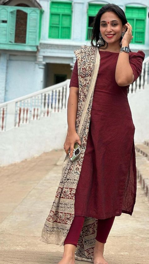 Professional Kurta For Women, Buddha Print Kurti Designs, Kalamkari Salwar Designs, Tie And Dye Frock Design, Office Dresses For Women Indian, Cap Sleeve Kurti Designs, Office Indian Outfits Women, Stitched Kurta Designs Women, Cotton Chudidar Dress Design