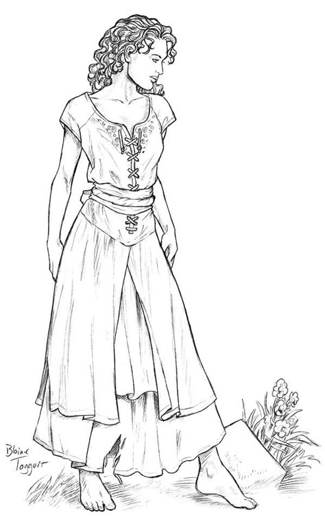 Be A Monster, Medieval Woman, Heroic Fantasy, Adult Colouring Pages, White Drawing, Dress Drawing, Black And White Drawing, Adult Colouring, Peasant Dress