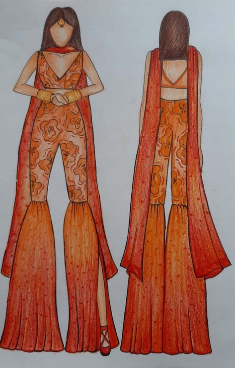 Indian Wear Sketches, Sharara Sketch, Indian Wear Fashion Illustration, Fashion Illustration Indian Wear, Indian Fashion Illustration Sketches, Indian Wear Illustration, Ethnic Wear Illustration, Fashion Illustration Indian, Indian Fashion Illustration