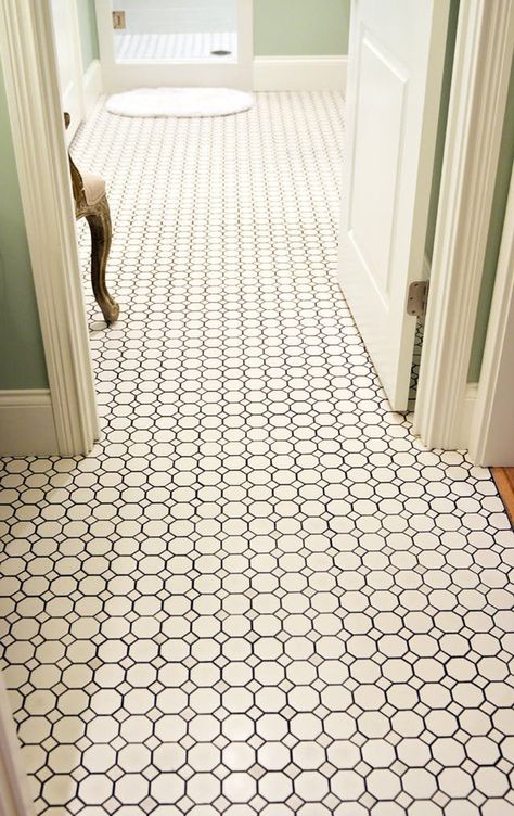 Mosaic Tile Floor Ideas for Vintage Style Bathrooms | Apartment Therapy Octagon Tile, Vintage Style Bathroom, Black Grout, Grey Grout, Mosaic Floor Tile, Bad Inspiration, Downstairs Bathroom, Hexagon Tiles, Interior Modern