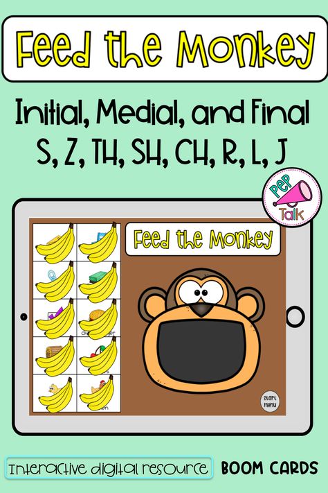 Feed the monkey while working on your initial, medial, or final target sounds (S, Z, TH, SH, CH, R, L, and J)  Say each word behind the bananas, then drag the item to feed the hungry monkey!  **This is an Interactive Digital Resource- BOOM CARDS.**  No prep, no print, easy go to activity! Expressive Language Activities, Childhood Apraxia Of Speech, Articulation Games, Play Therapy Techniques, Language Goals, Receptive Language, Social Thinking, Speech Room, Expressive Language