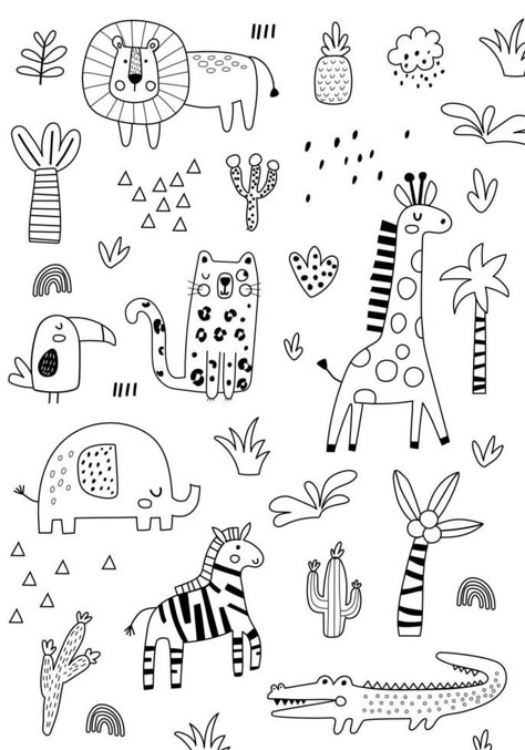 katsiaryna sharamet Doodle Drawings Black And White, Animals Doodle Art, Kid Doodles, Animal Motifs, Coloring Animals For Kids, Doodles Animals, Jungle Doodles To Draw, Black And White Animals, Cute Animal Clipart Black And White