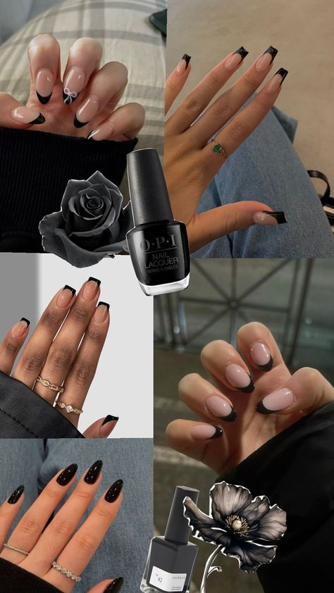 black nails October nails halloween nails black French nail design inspo October Nails Halloween, Black French Nail, Halloween Nails Black, Nails Black French, Nails October, Black French Nails, October Nails, French Nail Designs, French Nail