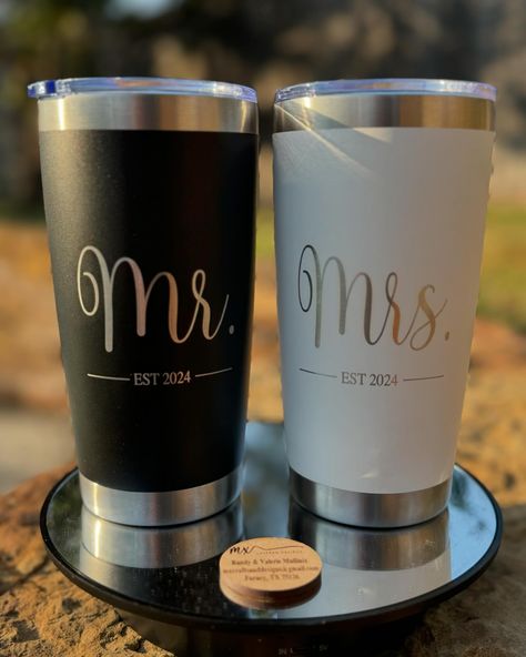 Order yours now! #mr #mrs #cups #personalized #mxlasereddesigns #personalizedgifts #weddingparty #couple #newlyweds #newlyweds💍 #newlymarried #weddinggift #weddinggiftsidea #weddinggiftsideas Bride And Groom Cups, Mr And Mrs Yeti Cups, Bride And Groom Tumblers, Mr And Mrs Tumbler Cups, Bride And Groom Beer Mugs, Bride Tumbler, Mr Cup, Engraved Tumblers, Personalized Bride