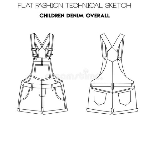 Flat fashion technical sketch - children overall stock illustration Overalls Sketch, Technical Drawing Fashion, Cartoon Drawing For Kids, Technical Sketch, Girls Overalls, Drawing Fashion, Small Clothes, Cartoon Drawing, Technical Drawing