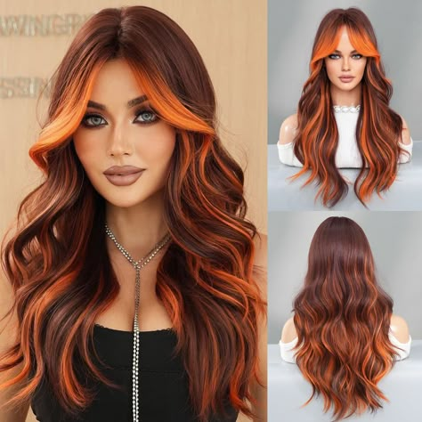 PRICES MAY VARY. 💘【Long Ombre Ginger Wig】26 Inch long wavy curly orange wig with 8 inch curtain bangs.Ginger highlight Brown wig design is more fashion,unique bright orange middle part wig brings more enthusiasm to you ! 💘【Material Selection】Synthetic high density heat resistant fiber wig(120°c), soft hair, comfortable to wear, easy to care for.Reduce shedding and knotting. 💘【Dark Roots & Curtain Bangs Wig】8 inch curtain bangs can not only be arbitrarily shaped but also perfectly hide the hai Alburn Hair Wig, Long Copper Hair Extensions, Fire Ombré Wig, Amazon Aburn Wigs, Biolage Color Balm Saffron Red, Cooper Hair Extensions, Brown Hair With Orange Highlights, Curtain Bangs Wig, Wig Design