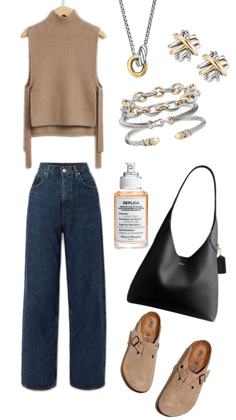 casual fall outfit, cozy sweater shirt, dark wash jeans, david yurman jewelry, david yurman mixed metal jewelry, black boho leather bag, coach purse, Birkenstocks clogs outfit, beige Birkenstocks, maison margiela perfume #autumn #falloutfit #cozyoutfit #ootd #falloutfit Birkenstocks Clogs, Margiela Perfume, Birkenstock Clogs Outfit Fall, Maison Margiela Perfume, Birkenstock Clogs Outfit, Clogs Outfit Fall, Outfit Beige, Boho Leather Bags, Clogs Outfit