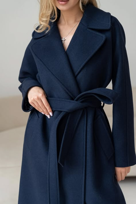 Navy Blue Cashmere Wool Coat Long 100% Wool Coat Wrap - Etsy Estonia Navy Wool Coat Women, 100% Wool Coat, Blue Overcoat Outfit Women, Navy Blue Wool Coat, Blue Coats For Women, Autumn Coat Outfit, Navy Blue Wardrobe, Autumn Color Outfits, Navy Monochromatic Outfit