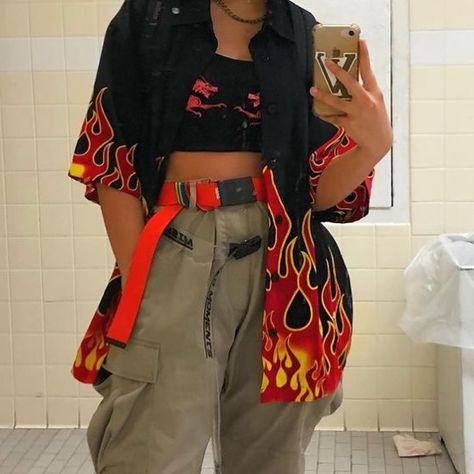 Flame Print Outfit, Flame Outfit Aesthetic, Street Racer Aesthetic Outfit, Street Racer Aesthetic Girl, Fire Outfits Aesthetic, Racer Aesthetic Outfits, Street Racer Outfit, Racer Girl Outfit, Flame Clothes