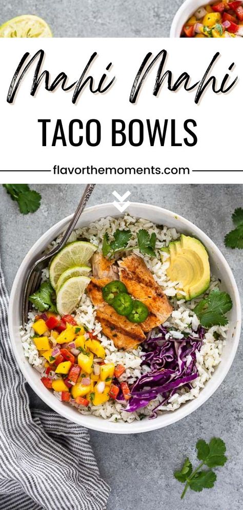 This Mahi Mahi taco bowl is hearty, satisfying and bursting with flavor and texture. It’s everything you love about fish tacos but it’s easier to eat! It can be on the table in about 30 minutes, and most of the components may be done in advance. Mahi Mahi Fish Taco Bowl, Mahi Mahi Tuna Recipe, Mahi Mahi Bowls, Mahi Mahi And Rice, Mahi Bowl Recipe, Mahi Rice Bowl, Mahi Salad Recipe, Fish Power Bowl, Mahi Mahi Taco Bowl