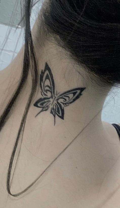 Small Tattoo Behind Neck, Cybersigilism Tattoo Butterfly, Nevertheless Tattoo, Neck Tattoo Butterfly, Small Tattoos Behind The Ear, Butterfly Tattoo Neck, Butterfly Neck Tattoo, Borboleta Tattoo, Back Of Neck Tattoo