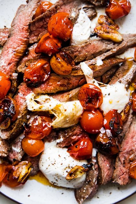 It doesn’t get any better than a perfect medium-rare slab of simply grilled skirt steak. Oh wait, yes it does. Even better than grilled steak is grilled steak topped with burrata and cherry tomatoes. Steak And Burrata, Steak Burrata, Fall Grilling Recipes, Cooking Skirt Steak, Tomatoes And Burrata, Steak Meals, Blistered Tomatoes, Cooking Beef, Skirt Steak Recipes