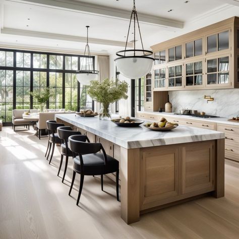 Large Kitchen Island As Dining Table, Large Dream Kitchen, Large Kitchen With Large Island, Kitchen Ideas With Big Island, Floor To Ceiling Kitchen Windows, Kitchen Island Large With Seating, Large White Island Kitchen, Largest Kitchen Island, Natural Oak And Black Kitchen