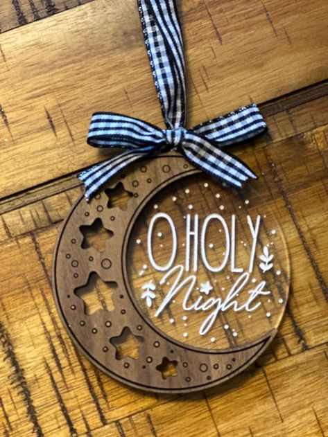 Capture the magic of Holy Night with beautiful moon ornaments designed for weddings or special occasions, adding elegance to any decor. Wood And Acrylic Ornaments, Personalized Christmas Gifts Cricut, Christmas Cricut Crafts To Sell, Acrylic Engraving Ideas, Laser Cut Ornaments Christmas, Christmas Laser Ideas, Laser Cut Acrylic Ideas, Acrylic Ornament Ideas, Cricut Ornament Ideas