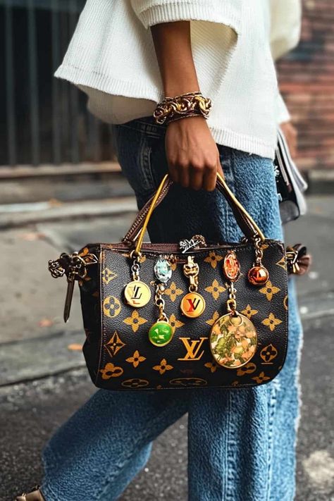 This image presents a third Louis Vuitton bag decorated with a series of bold and colorful charms. The handbag, which sports the classic LV monogram, is adorned with several large, round charms in vibrant shades of green, yellow, and orange. A standout charm is the oversized botanical pendant, adding a bohemian twist to the otherwise sleek and polished bag design. This combination of luxury and bold charm accessories creates a personalized, fashion-forward look. Diy Purse Charms, Lv Art, Purse Charms Diy, Charm Accessories, Bohemian Twist, Crafts Beads, Fall Trend, Perfect Purse, Hot Bags