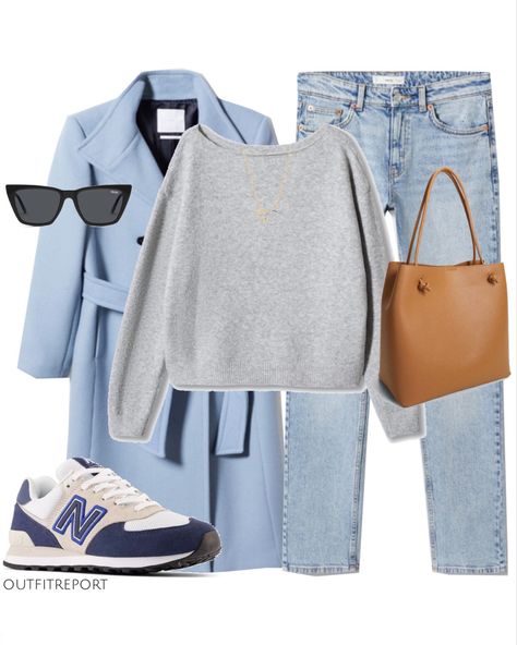 Grey With Blue Outfit, Blue And Grey Clothes, Light Blue Winter Coat Outfit, Light Blue Jeans Outfit Winter Casual, Blue Jacket Outfits Winter, Light Blue Jeans Fall Outfit, Grey And Light Blue Outfit, Light Blue Coat Outfits For Women, Light Blue Handbag Outfit