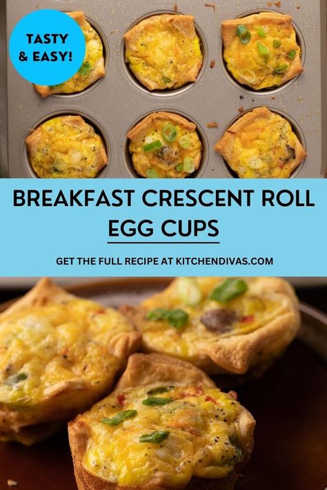 Collage of overhead shot of crescent roll egg cups in muffin tin at top and closeup shot of egg cups on plate at bottom. Egg Cup Recipes, Easy Egg Cups, Using Crescent Rolls, Crescent Roll Breakfast, Bite Size Breakfast, Breakfast Cups Recipe, Easy Crescent Rolls, Crescent Breakfast, Crescent Roll Breakfast Recipes