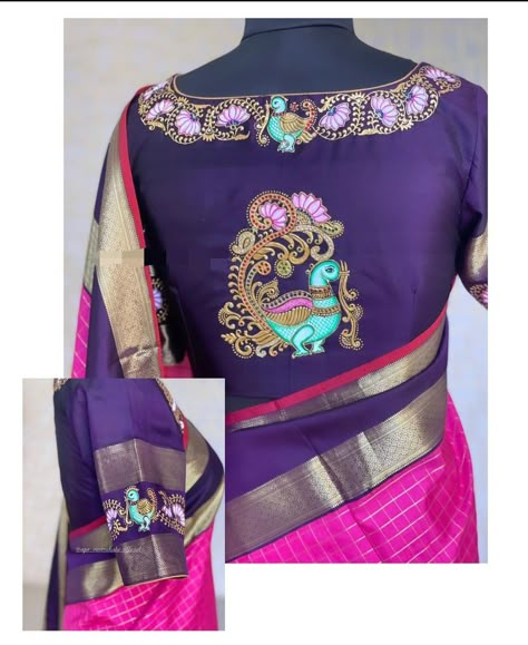 Thanjavur Painting On Blouse, Tanjavur Painting On Blouse, Peacock Design Maggam Work, Tanjore Painting On Blouses, Blouse Painting Designs, Painting On Blouse, Painting Blouses, Painted Blouse, Blouse Painting