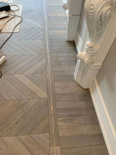 Modern Parkay Flooring, Floor Before And After, Modern Parquet Flooring, Foyer Floor, Chevron Flooring, Wood Floor Pattern, Wood Floor Design, Tiles Designs, Herringbone Wood Floor