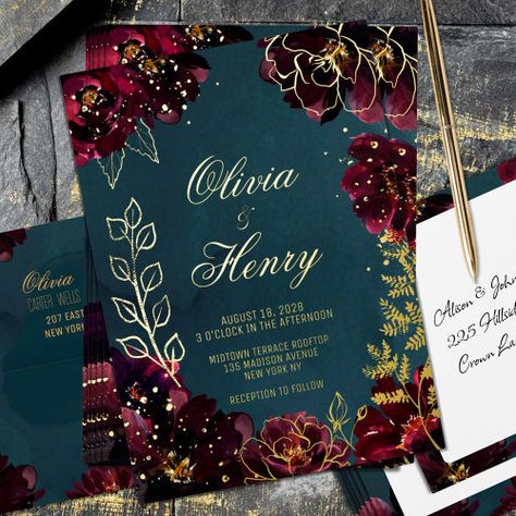 Gold Burgundy Wedding, Jewel Tone Wedding Invitations, Jewel Tone Wedding Theme, Gold Foil Invitation, Jewel Tone Wedding, Foil Wedding Invitations, Teal Wedding, Wedding Gold, Raspberry Red