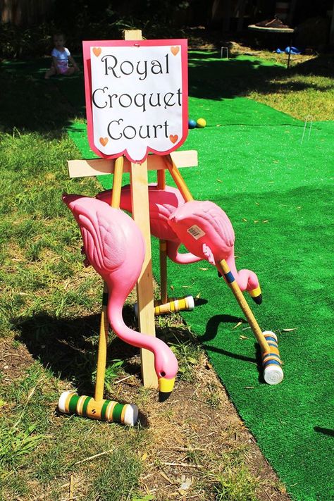 Alice Flamingo Croquet, Alice In Wonderland Yard Decor Diy, Alice In Wonderland Flamingo Croquet, Flamingo Tea Party, Flamingo Croquet Mallet Diy, Alice In Wonderland Backyard, Alice And Wonderland Tea Party, Croquet Court, Alice In Wonderland Croquet