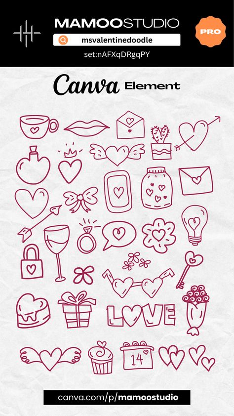 Valentine Day Doodle | Canva Element | set:nA Canva Heart Elements, Valentines Symbols, Canva Doodle Elements, Canva Valentines Day, Romantic Doodles, Canva Inspiration, Canva Text, Valentines Day Doodles, Canva Marketing