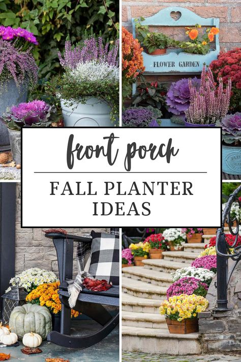 Front Porch Fall Planter Ideas Fall Flowers Porch, Fall Planters Front Porches, Autumn Outdoor Decor, Fall Planter Ideas, Cute Front Porch, Mums And Pumpkins, Mums In Pumpkins, Planters Ideas, Summer Planter