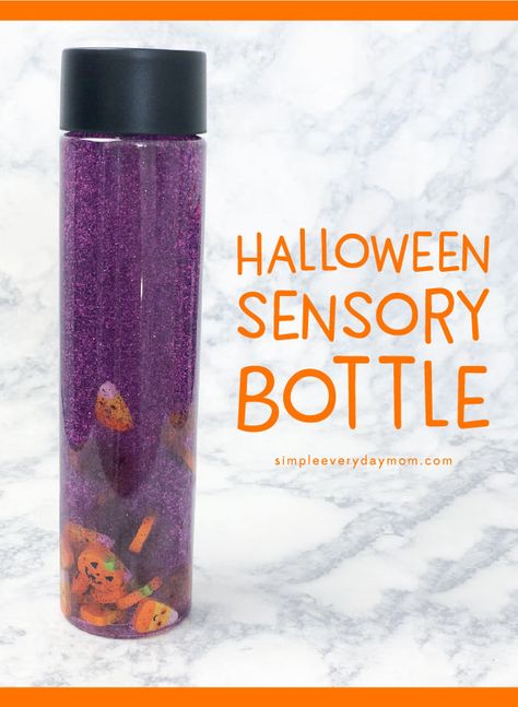 Halloween Sensory Bottle For Kids | Make this easy and calming sensory bottle with some hair gel, food dye, mini Halloween erasers and water. Perfect for toddlers, preschool or kindergarten kids. #preschool #kindergarten #earlychildhood #kidsactivities #sensoryplay Halloween Sensory Bottles, Sensory Halloween, Calming Bottle, Calm Down Bottle, Sensory Bottle, Halloween Sensory, Halloween Crafts For Toddlers, Halloween Preschool, Sensory Bottles